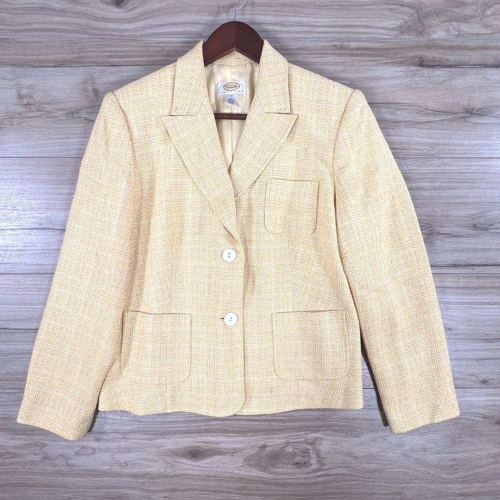 Talbots Petites Yellow Tweed Blazer Jacket Size 10P Two Button Textured Lined